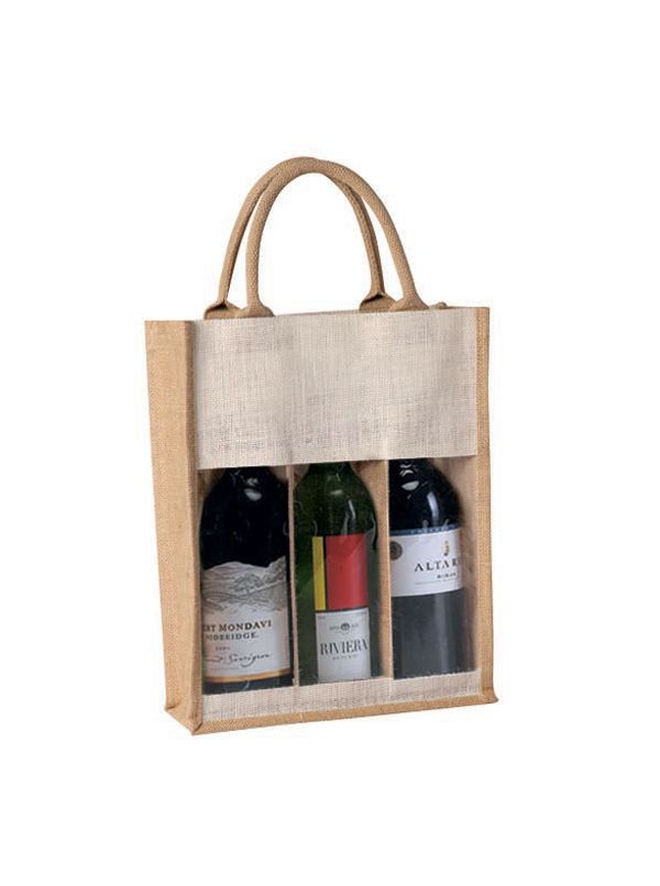 Custom Printed Natural 3 bottle Wine Jute Burlap Bag 5004 CarryGreen