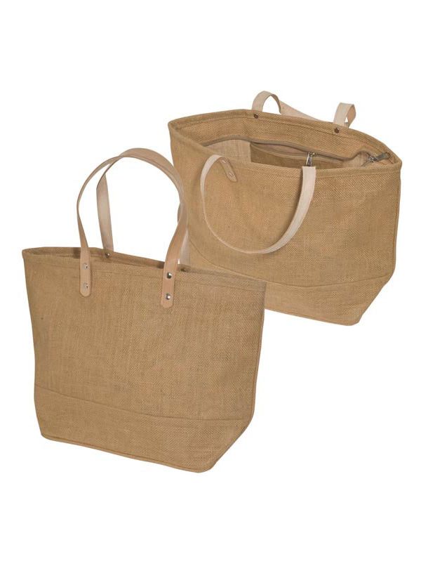 Custom printed Natural Jute Tote Bag Leather Handles Zippered closure