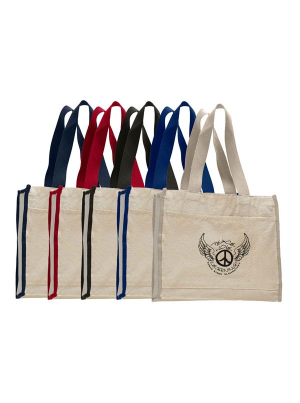 Custom Printed Cotton Canvas Tote Bag Colored Handles Front Pocket