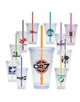 16 oz. Double Wall Clear Tumbler with Colored Straw