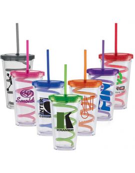 16 oz. Double Wall Tumbler with Colored Lid and Colored Curly Straw