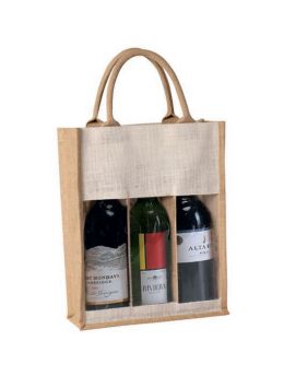 Jute Burlap 3 Bottle Wine Gift Bag with plastic window and webbed handles