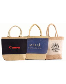 Two Tone Jute Burlap Tote Bag with Zippered Closure and Cotton Webbed Handles