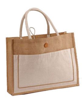 Large Jute and Cotton Combination tote bag with large front pocket and Button closure and Long handles