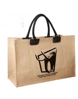 Large Jute Bag with Faux Leather Accents and Interior Pocket