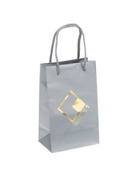 Paper Bag Gloss laminated Eurotote with matching macramé handles, reinforced fold-over top