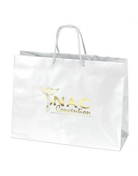 Paper Bag Large Gloss laminated Eurotote with matching macramé handles, reinforced fold-over top