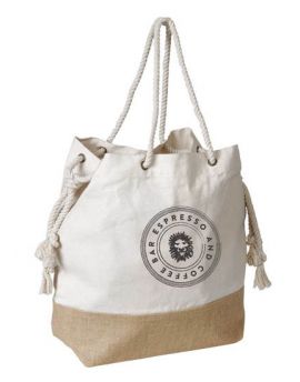 Two Toned Jute & 10 oz. Cotton Canvas Drawstring Tote Bag