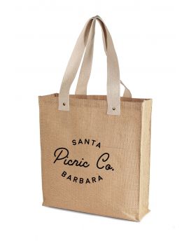 Jute shopping bag with rivets and cotton webbed handles